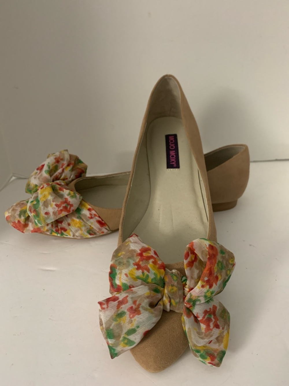 Mojo Moxy Tan Suede Pointed-Toe Flats with Floral Bow